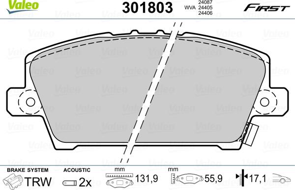 Valeo 301803 - Kit pastiglie freno, Freno a disco autozon.pro