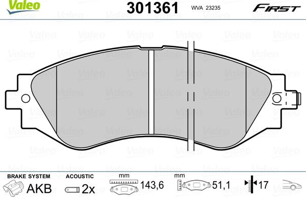 Valeo 301361 - Kit pastiglie freno, Freno a disco autozon.pro