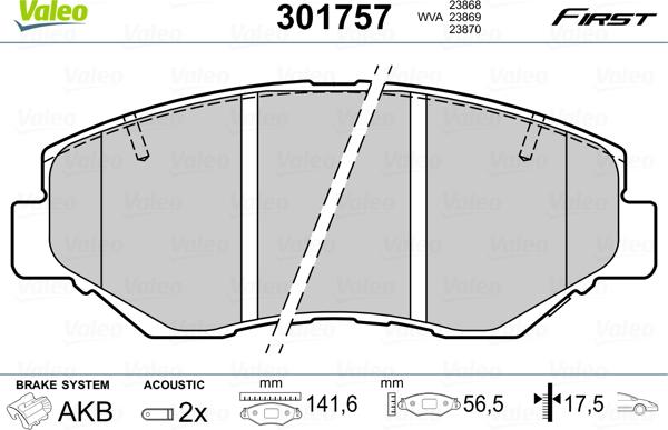 Valeo 301757 - Kit pastiglie freno, Freno a disco autozon.pro