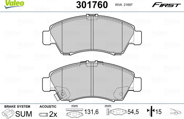 Valeo 301760 - Kit pastiglie freno, Freno a disco autozon.pro