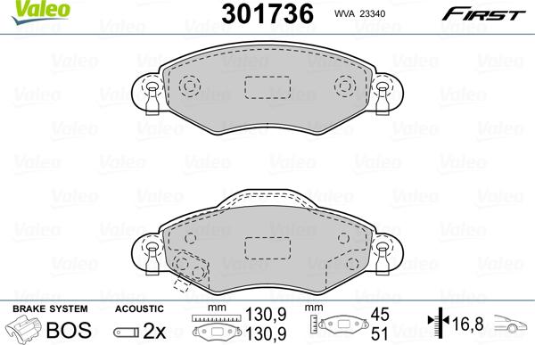 Valeo 301736 - Kit pastiglie freno, Freno a disco autozon.pro