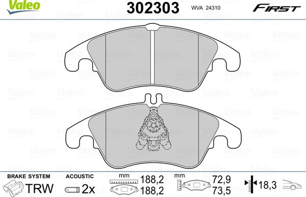 Valeo 302303 - Kit pastiglie freno, Freno a disco autozon.pro