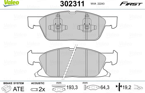 Valeo 302311 - Kit pastiglie freno, Freno a disco autozon.pro